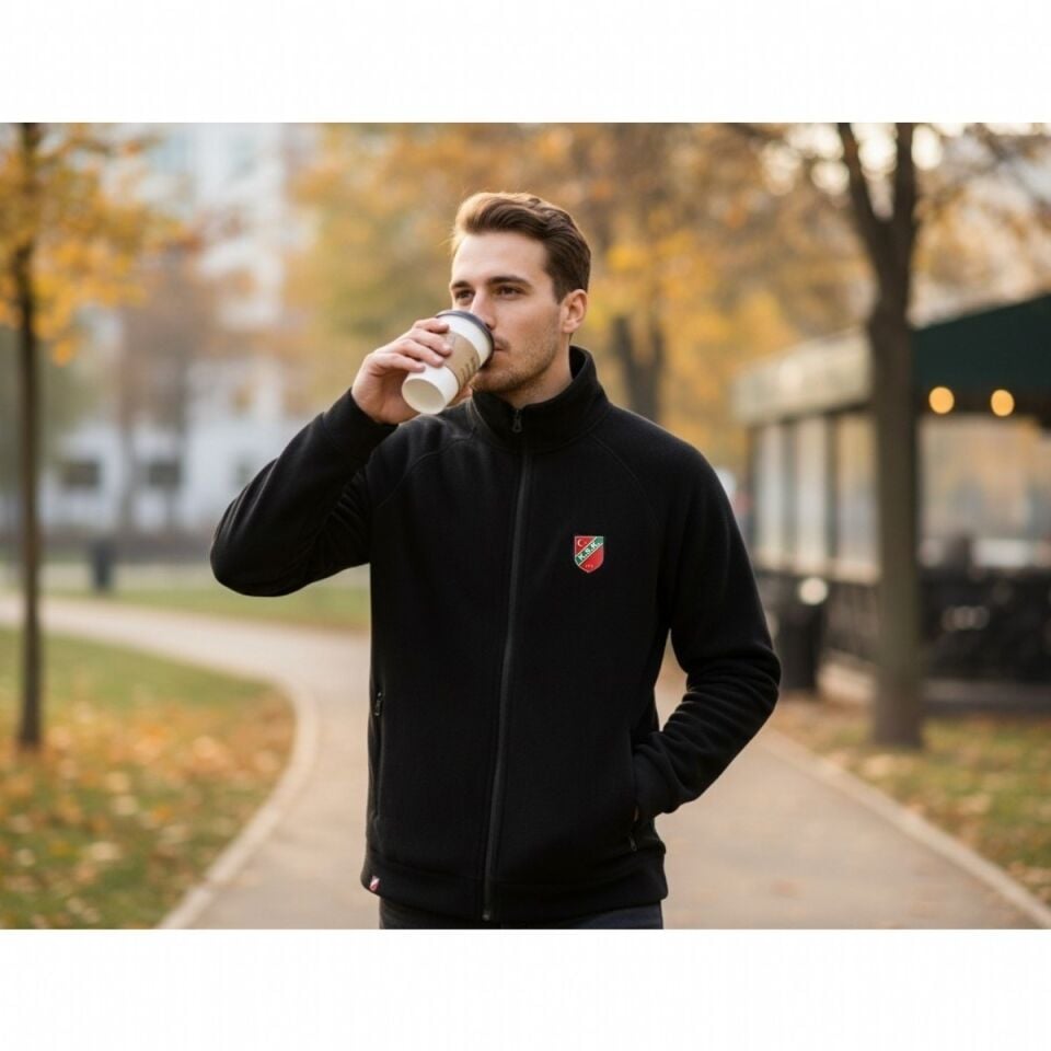 KARŞIYAKA NAKIŞ LOGO SİYAH POLAR FERMUARLI SWEATSHIRT