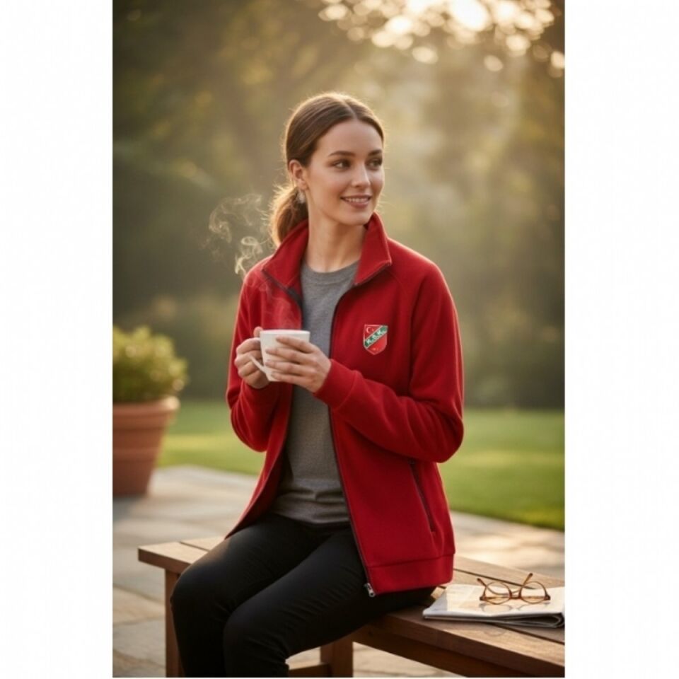 KARŞIYAKA NAKIŞ LOGO KIRMIZI POLAR FERMUARLI SWEATSHIRT